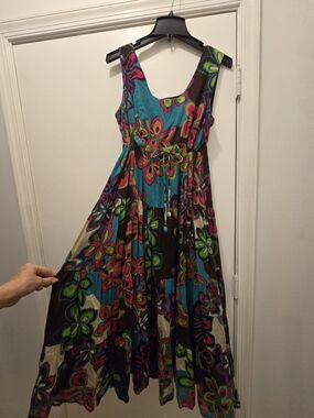 Vasana Sleeveless Midi Dress in Teal and Multicolor Floral Large (Va8)